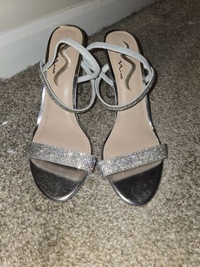 Nina Shoes Silver Rhinestone Strappy Sandals with Ankle Wrap